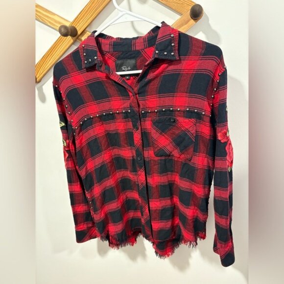 Rails Red and Black Plaid Shirt with studs and rose patch work - Picture 3 of 11